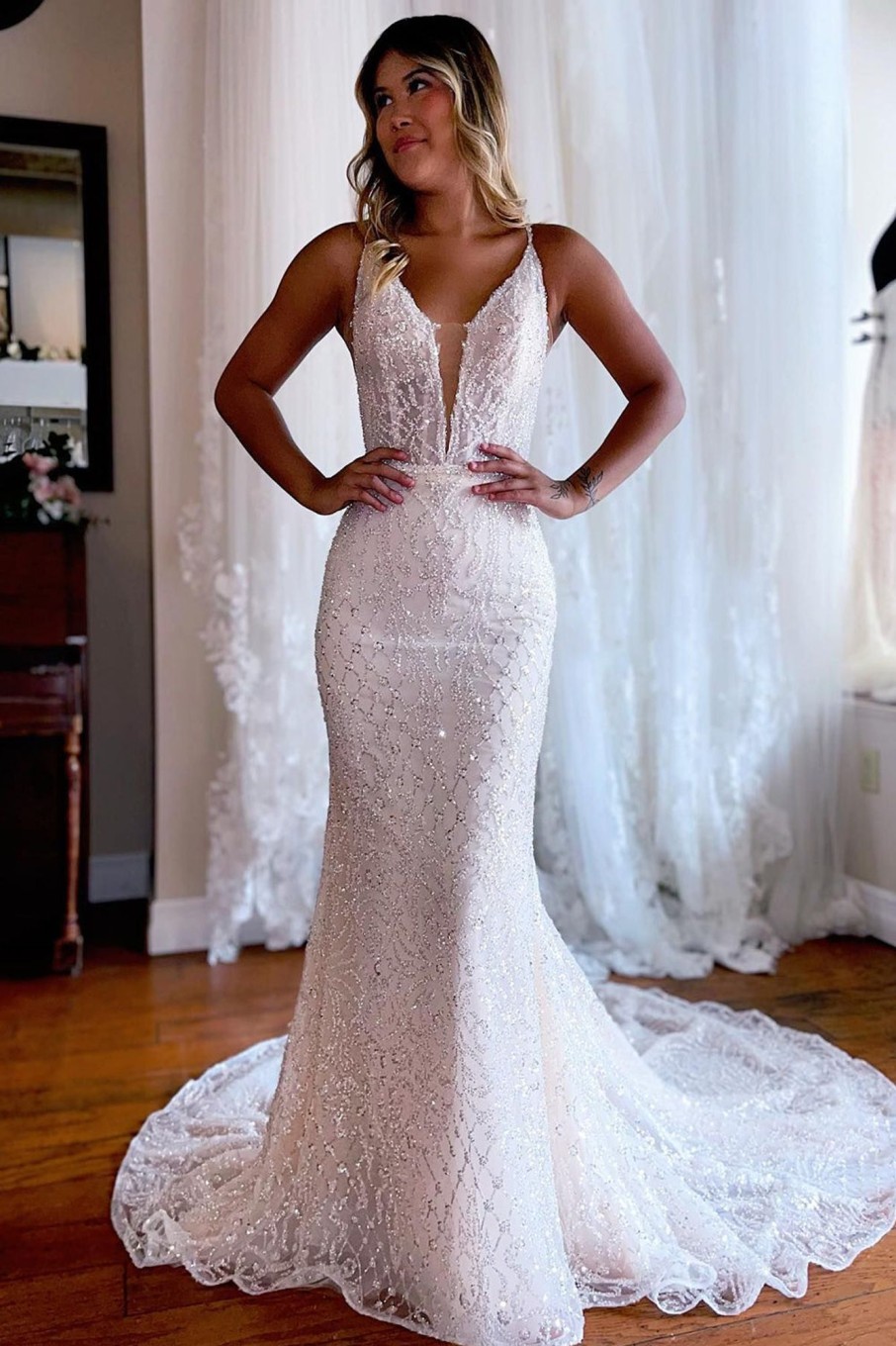 Wedding Dresses HELLYMOON | Sparkly Mermaid Lace Backless Sweep Train Long Wedding Dress White