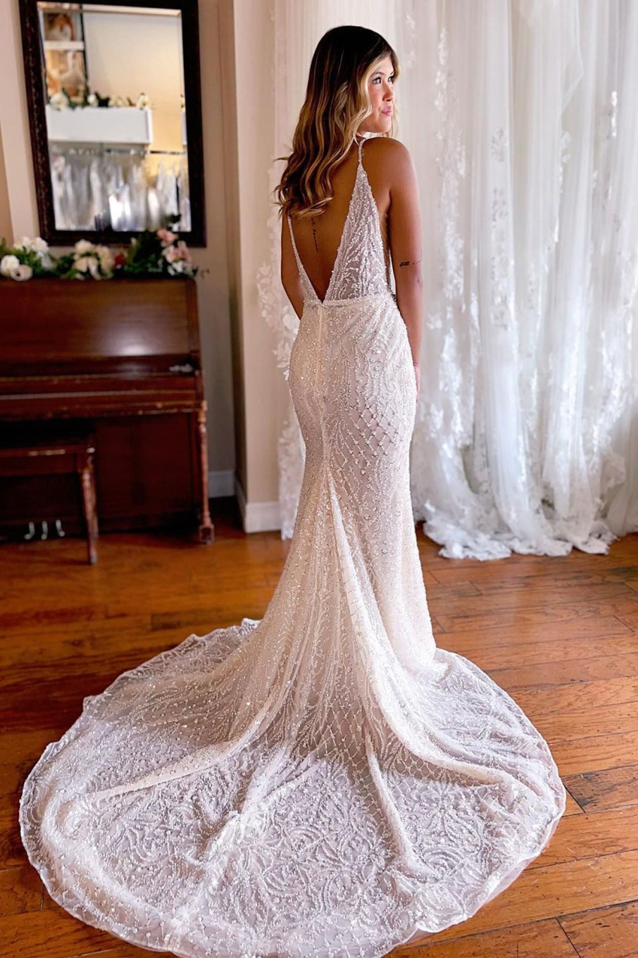 Wedding Dresses HELLYMOON | Sparkly Mermaid Lace Backless Sweep Train Long Wedding Dress White