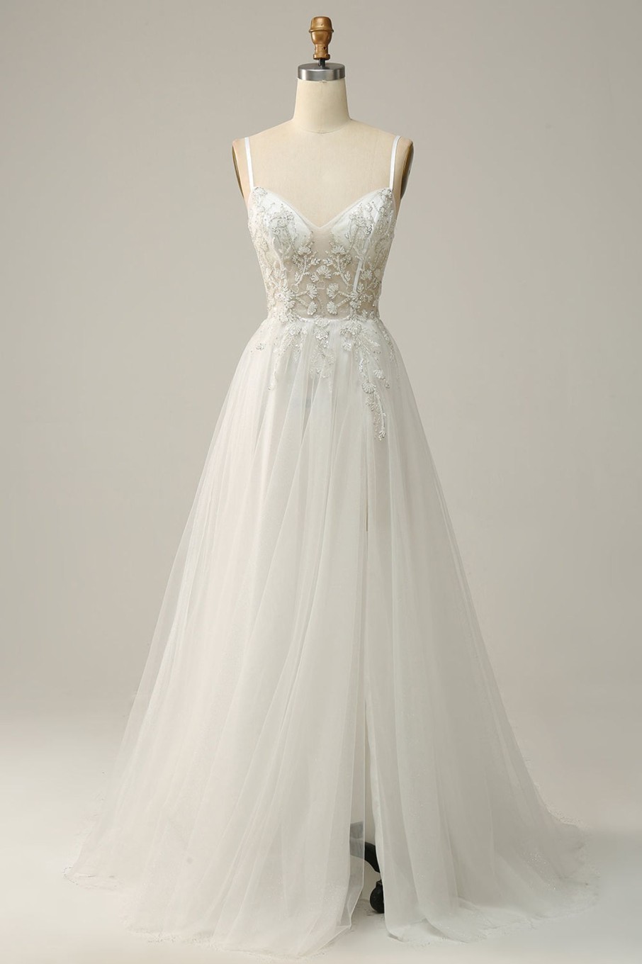 Wedding Dresses HELLYMOON | A Line Spaghetti Straps Long Bridal Dress With Appliques White