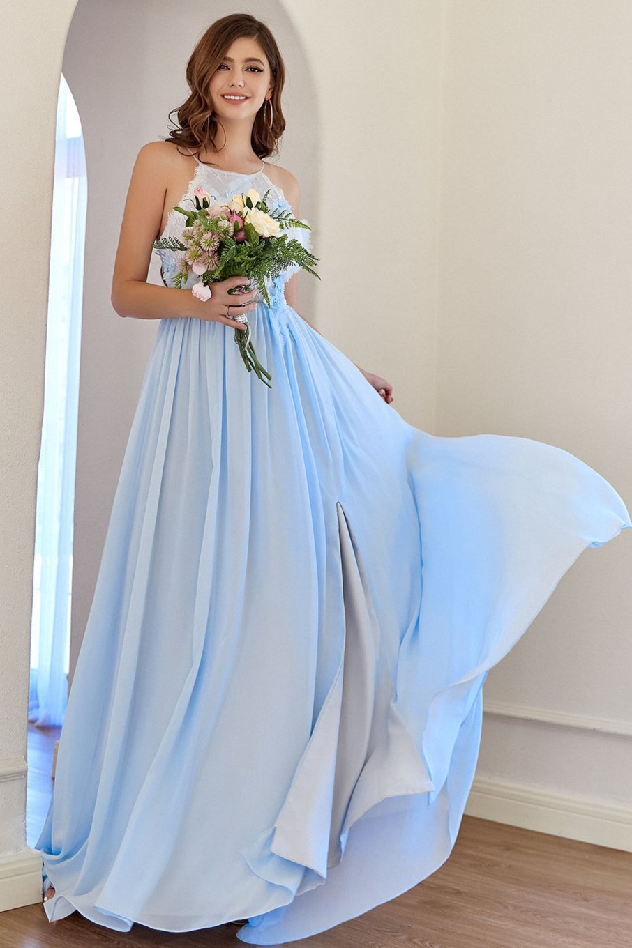 Prom Dresses HELLYMOON | Chiffon Long Prom Dress With Lace Light Blue