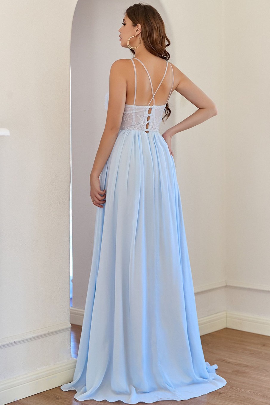 Prom Dresses HELLYMOON | Chiffon Long Prom Dress With Lace Light Blue