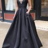 Prom Dresses HELLYMOON | A Line Satin Beading Prom Dress With Pockets Black