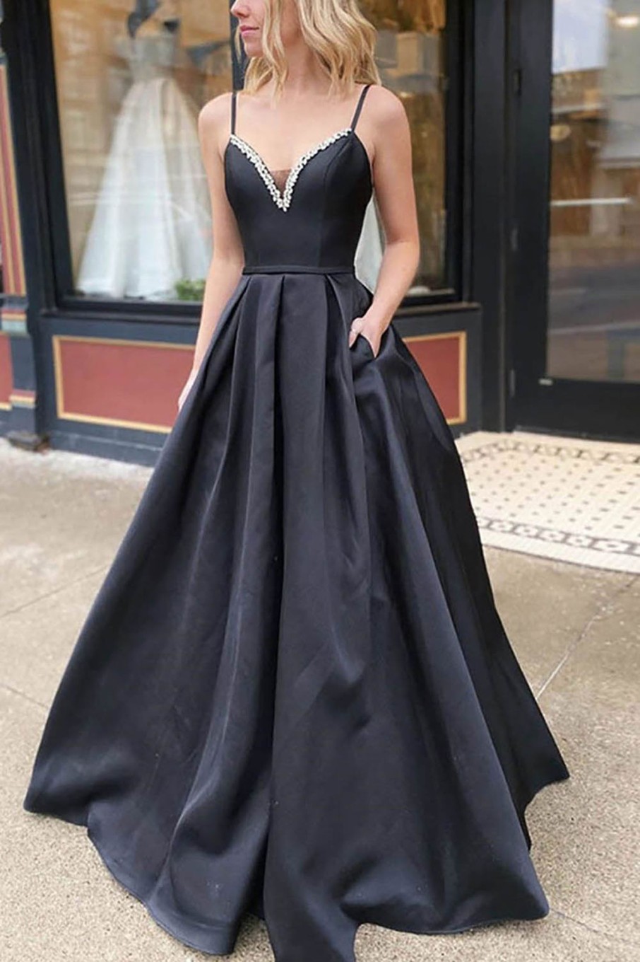 Prom Dresses HELLYMOON | A Line Satin Beading Prom Dress With Pockets Black