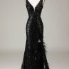 Prom Dresses HELLYMOON | Sparkly Depp V-Neck Mermaid Prom Dress With Feathers Black