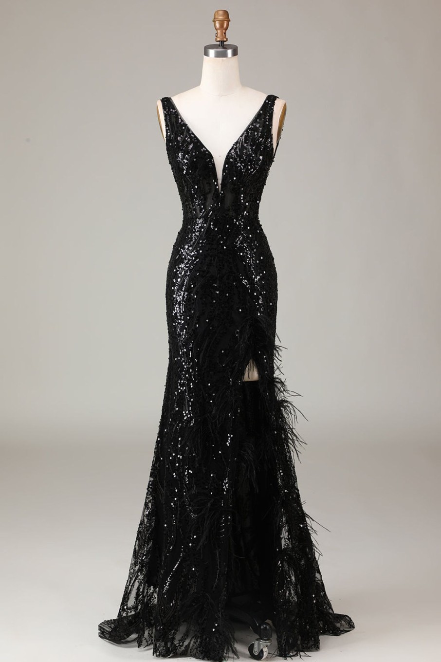 Prom Dresses HELLYMOON | Sparkly Depp V-Neck Mermaid Prom Dress With Feathers Black