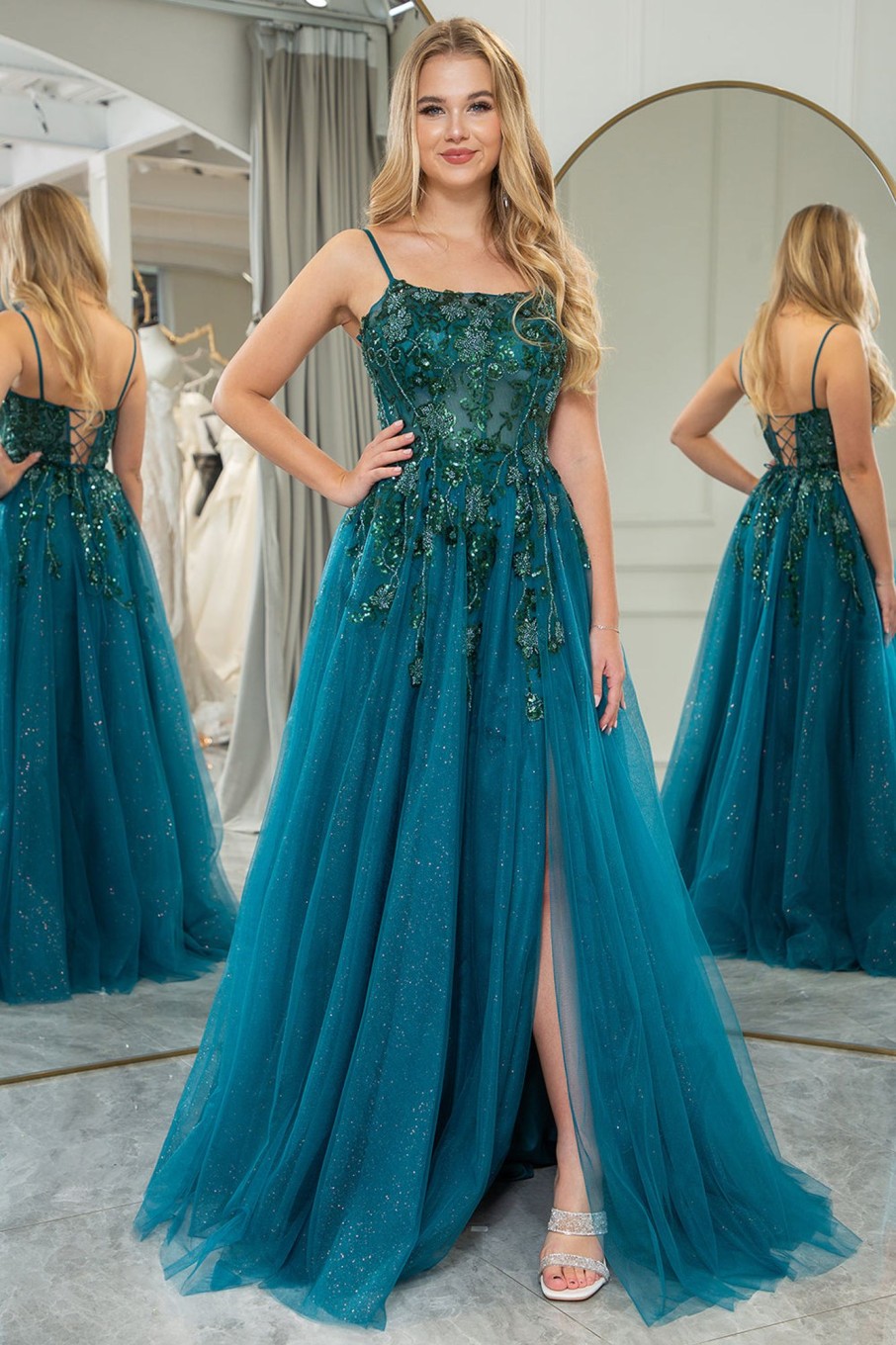 Prom Dresses HELLYMOON | A-Line Spaghetti Strap Beaded Prom Dress With Appliques Dark Green