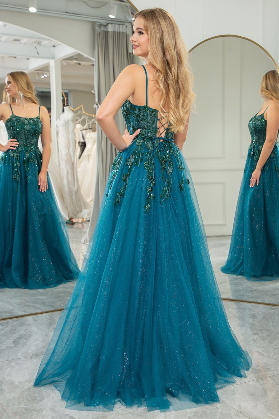 Prom Dresses HELLYMOON | A-Line Spaghetti Strap Beaded Prom Dress With Appliques Dark Green