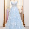 Prom Dresses HELLYMOON | A-Line Spaghetti Straps Lace Corset Prom Dress Sky Blue