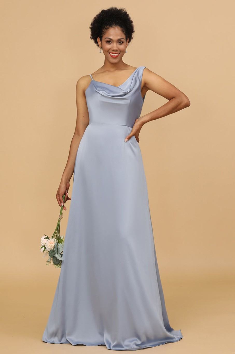 Partywear HELLYMOON | A Line Asymmetrical Neck Satin Long Bridesmaid Dress