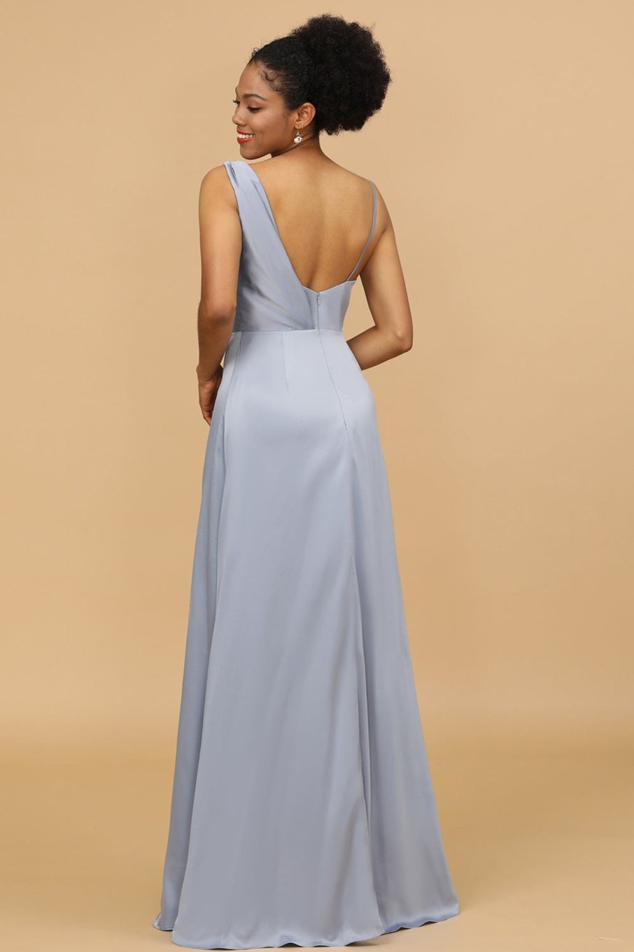 Partywear HELLYMOON | A Line Asymmetrical Neck Satin Long Bridesmaid Dress