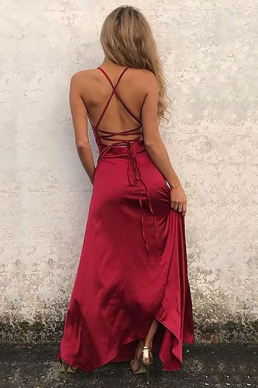 Prom Dresses HELLYMOON | Satin Simple Prom Dress With Slit Burgundy