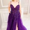 Prom Dresses HELLYMOON | Beading Tulle Plus Size Prom Dress With Slit Purple