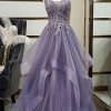 Prom Dresses HELLYMOON | Tulle A Line Beaded Prom Dress With Appliques Purple