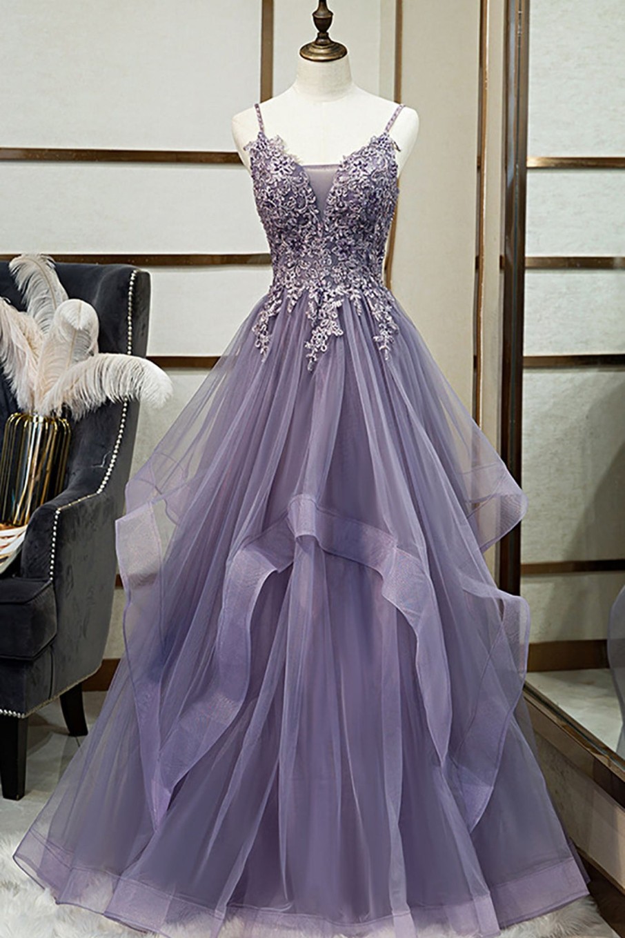 Prom Dresses HELLYMOON | Tulle A Line Beaded Prom Dress With Appliques Purple