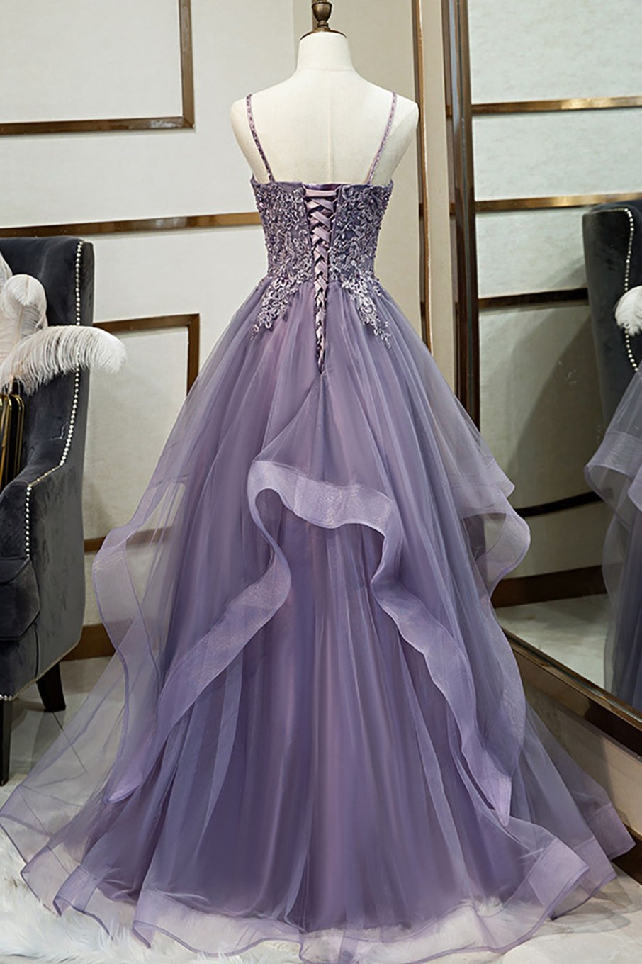 Prom Dresses HELLYMOON | Tulle A Line Beaded Prom Dress With Appliques Purple