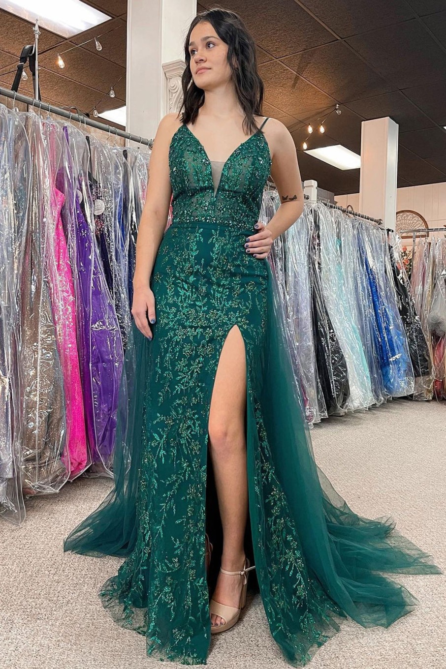 Prom Dresses HELLYMOON | Sequins Mermaid Prom Dress With Slit Dark Green