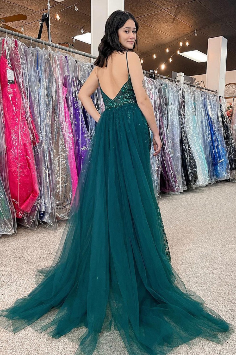 Prom Dresses HELLYMOON | Sequins Mermaid Prom Dress With Slit Dark Green