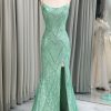 Prom Dresses HELLYMOON | Sparkly Mermaid Spaghetti Straps Sequin Long Prom Dress With Slit Green