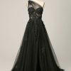 Prom Dresses HELLYMOON | One Shoulder A Line Tulle Prom Dress With Beading Black