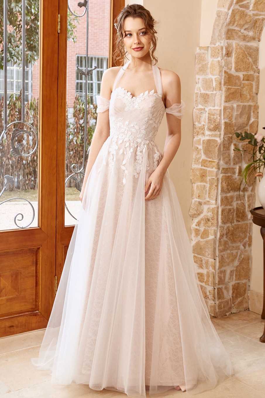 Wedding Dresses HELLYMOON | Appliques Tulle Halter Wedding Dress White