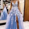 Prom Dresses HELLYMOON | A Line Blue Tulle Long Prom Dress With Slit Light Blue