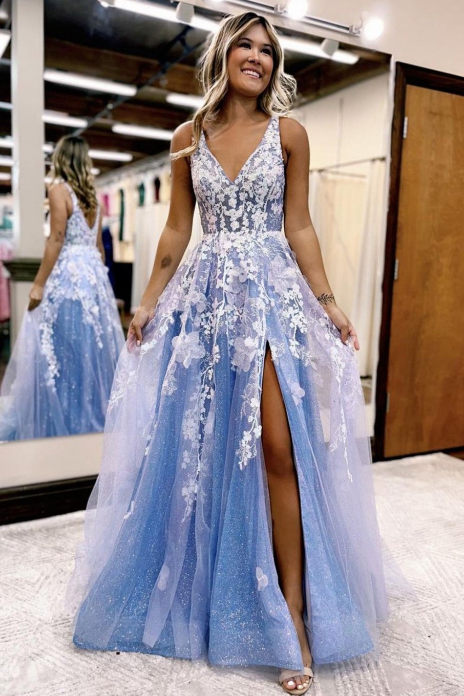 Prom Dresses HELLYMOON | A Line Blue Tulle Long Prom Dress With Slit Light Blue