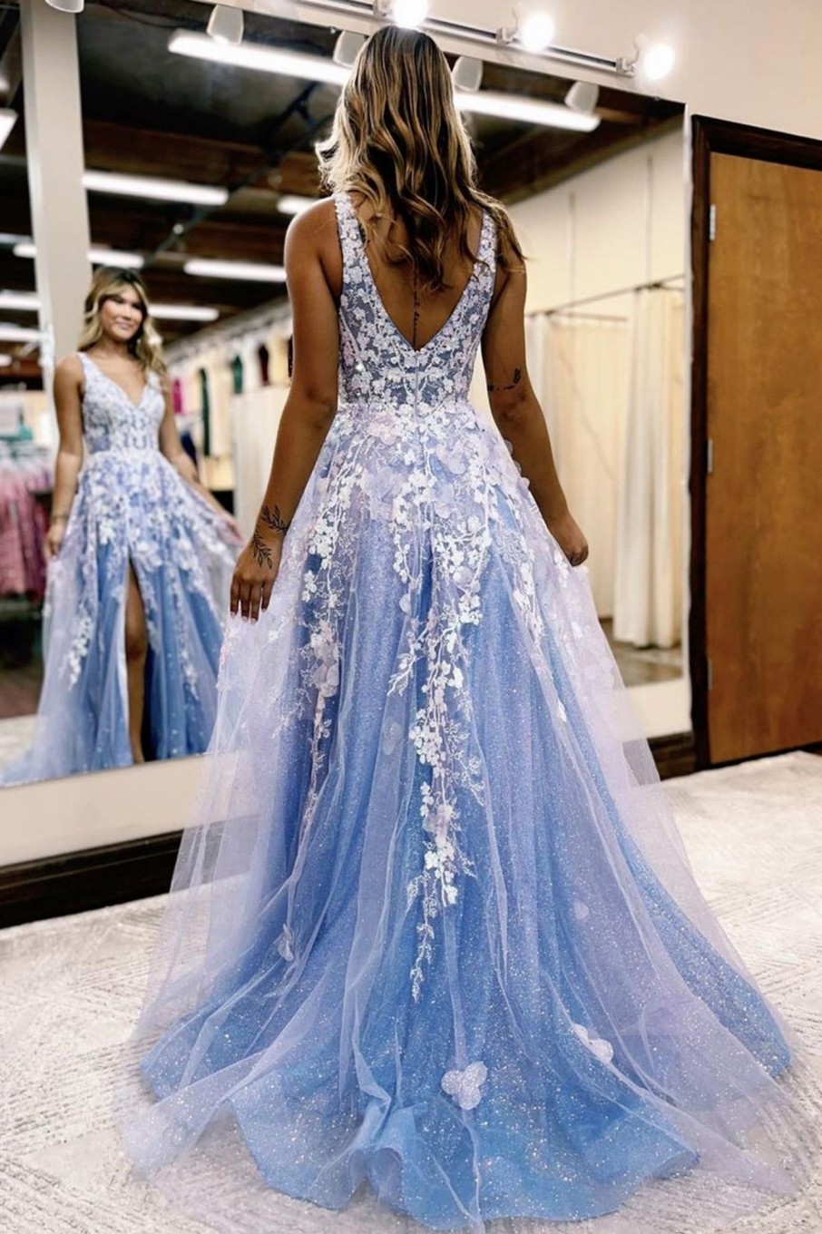 Prom Dresses HELLYMOON | A Line Blue Tulle Long Prom Dress With Slit Light Blue