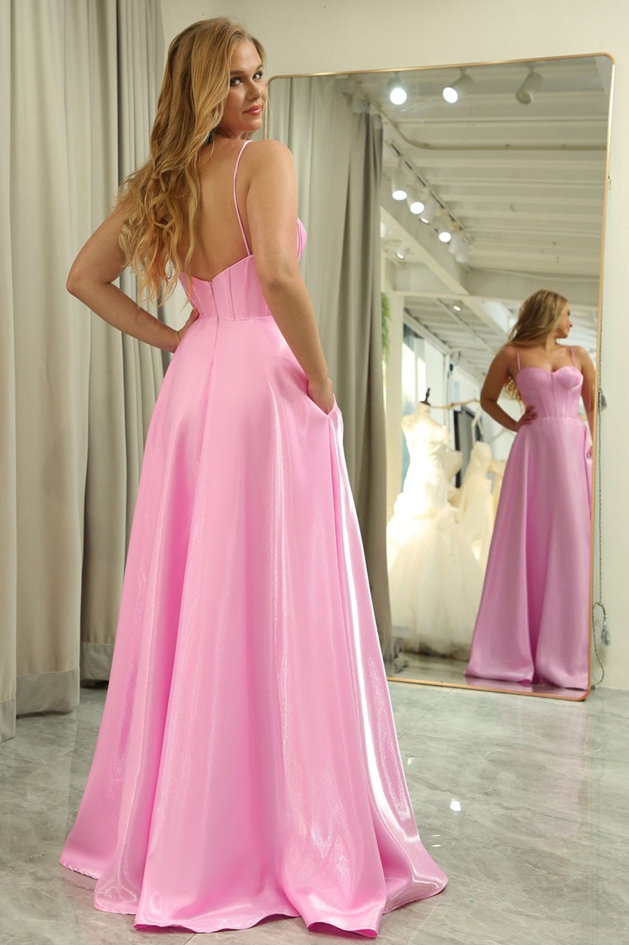 Prom Dresses HELLYMOON | A Line Spaghetti Straps Long Corset Prom Dress Pink