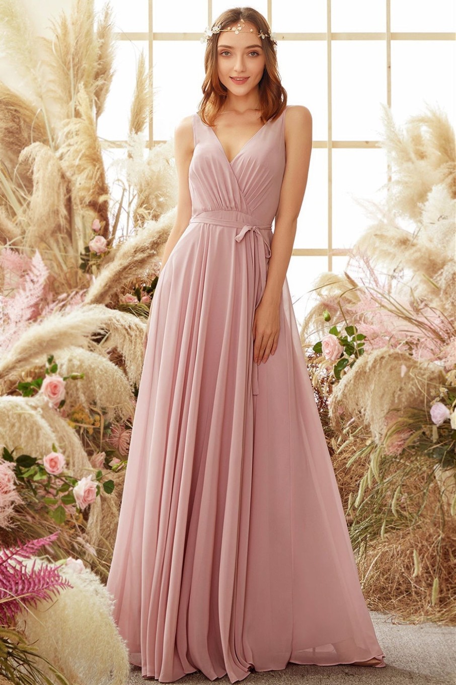 Partywear HELLYMOON | Blush V Neck Long Chiffon Bridesmaid Dress