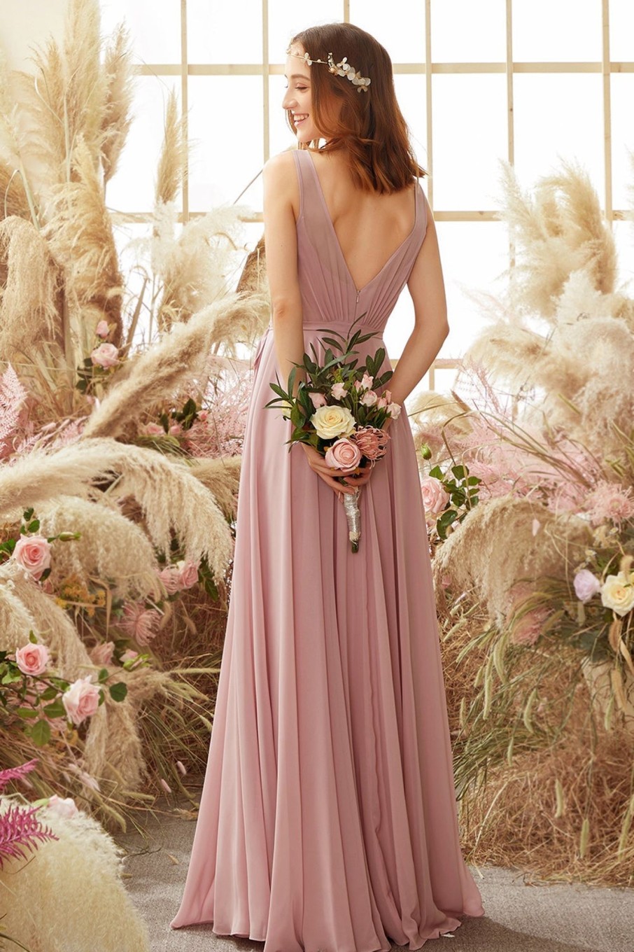 Partywear HELLYMOON | Blush V Neck Long Chiffon Bridesmaid Dress