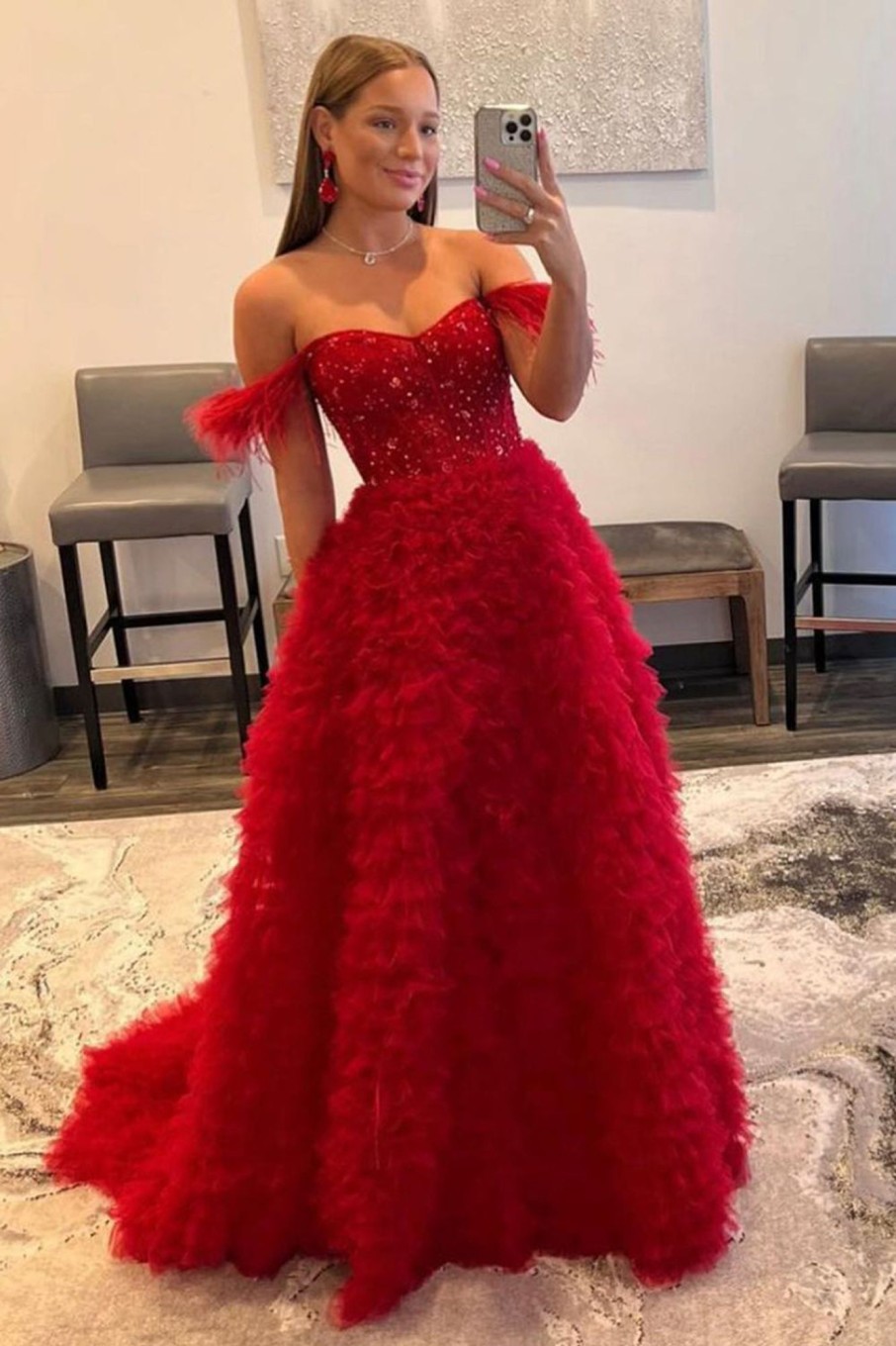 Prom Dresses HELLYMOON | Off The Shoulder Multi-Laye Princess Prom Dress With Feathers Red