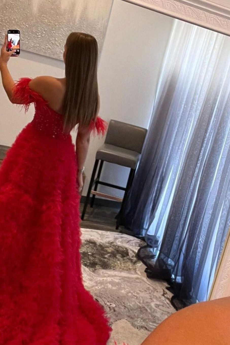 Prom Dresses HELLYMOON | Off The Shoulder Multi-Laye Princess Prom Dress With Feathers Red