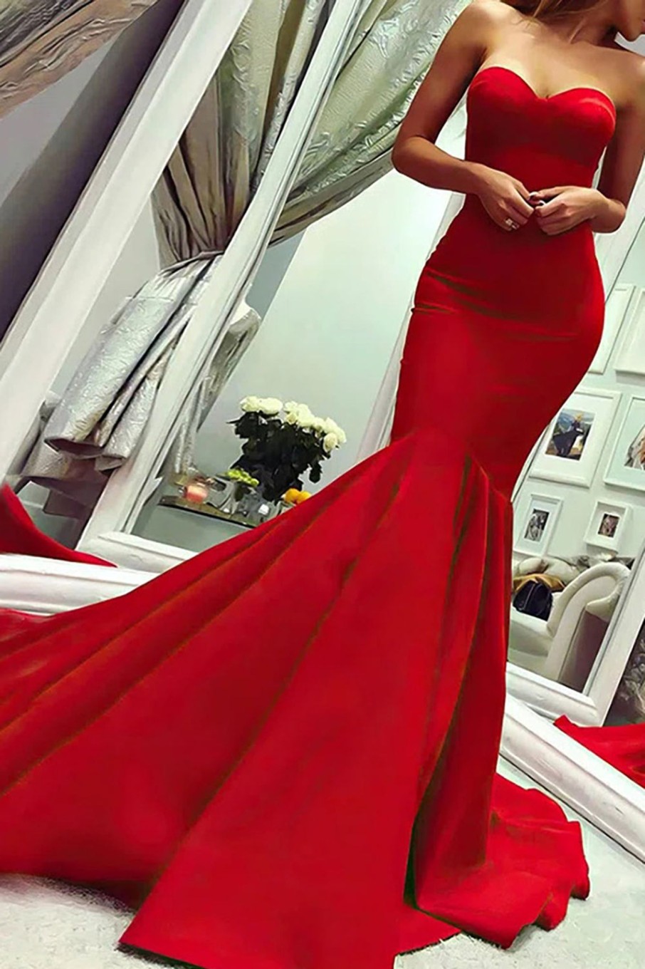 Prom Dresses HELLYMOON | Satin Strapless Mermaid Prom Dress Red