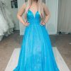 Prom Dresses HELLYMOON | A Line Sparkly Prom Dress With Hollow Out Back Light Blue