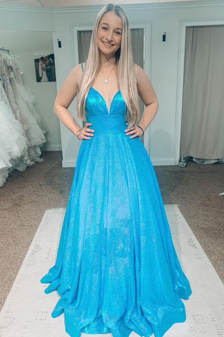 Prom Dresses HELLYMOON | A Line Sparkly Prom Dress With Hollow Out Back Light Blue