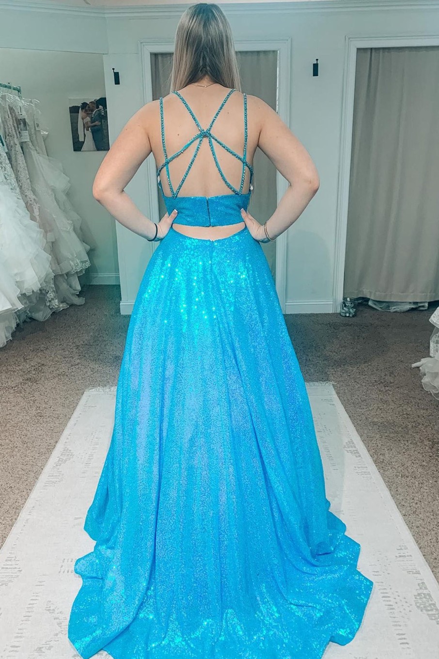 Prom Dresses HELLYMOON | A Line Sparkly Prom Dress With Hollow Out Back Light Blue