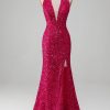 Prom Dresses HELLYMOON | Mermaid Halter Sequin Prom Dress With Slit Fuchsia