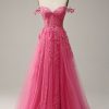 Prom Dresses HELLYMOON | Off The Shoulder Prom Dress With Appliques Hot Pink