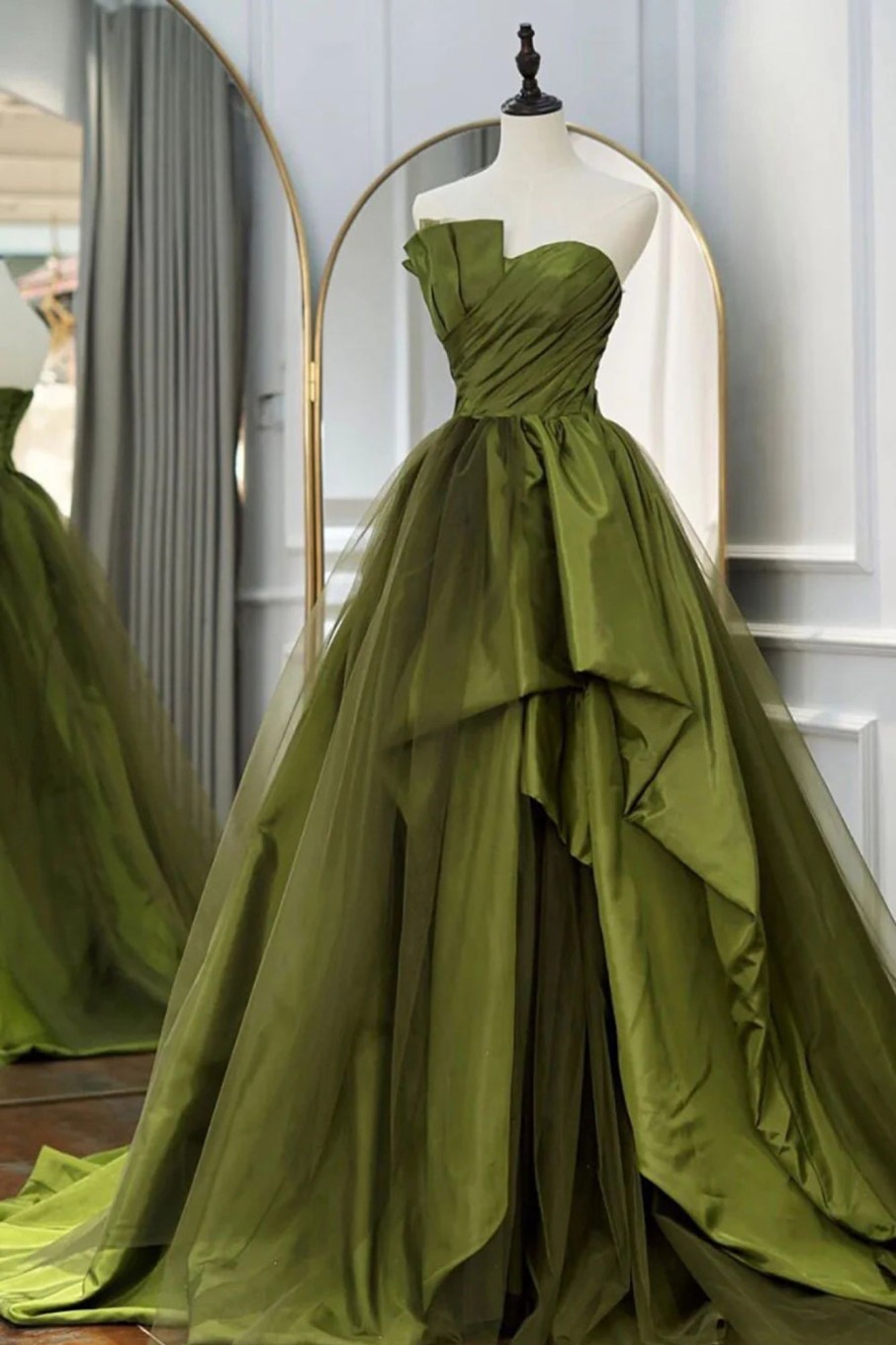 Special Occasion HELLYMOON | A Line Asymmetrical Straples Long Prom Dress With Ruffles Green