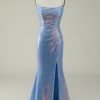 Prom Dresses HELLYMOON | Spaghetti Straps Glitter Mermaid Prom Dress With Slit Blue