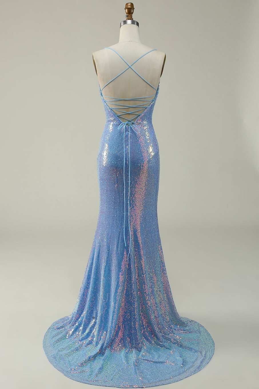 Prom Dresses HELLYMOON | Spaghetti Straps Glitter Mermaid Prom Dress With Slit Blue