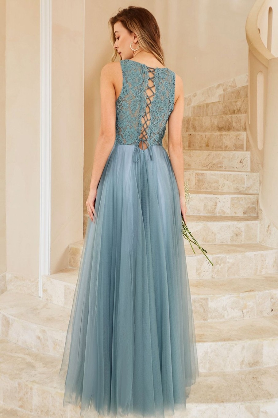 Partywear HELLYMOON | Tulle Bridesmaid Dress With Lace Grey Blue