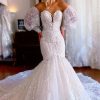 Wedding Dresses HELLYMOON | Sparkly Mermaid Detachable Long Sleeves Lace Wedding Dress White