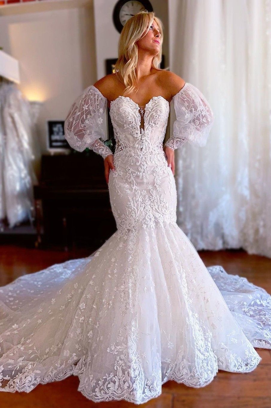 Wedding Dresses HELLYMOON | Sparkly Mermaid Detachable Long Sleeves Lace Wedding Dress White