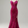 Special Occasion HELLYMOON | Strapless Sequin Prom Dress With Slit Hot Pink