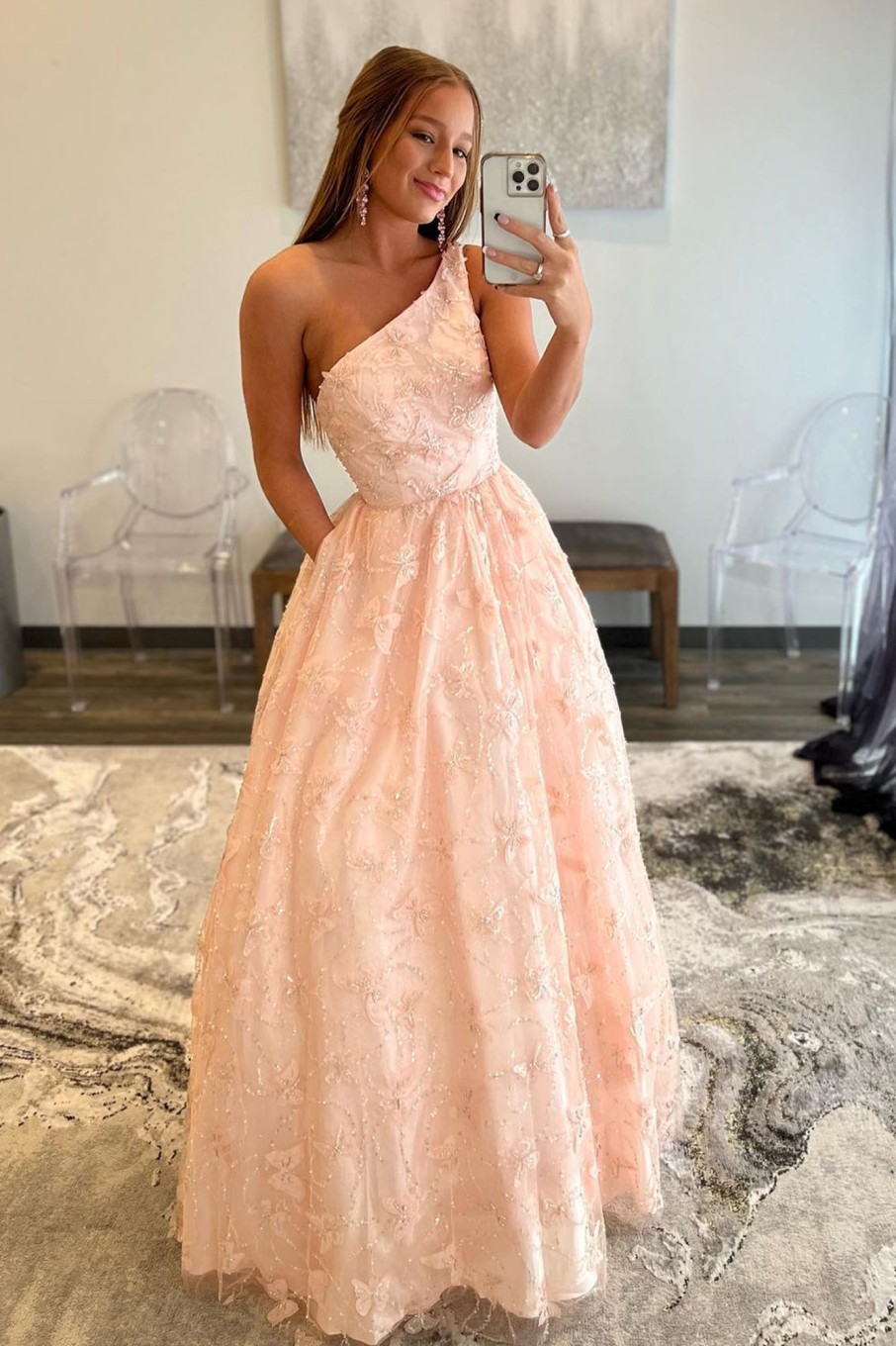 Special Occasion HELLYMOON | One Shoulder Princess Prom Dress With Beading Butterfly Pink