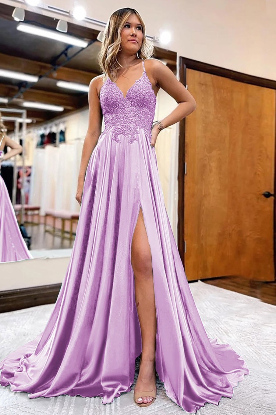 Prom Dresses HELLYMOON | A Line Satin Beaded Prom Dress With Slit