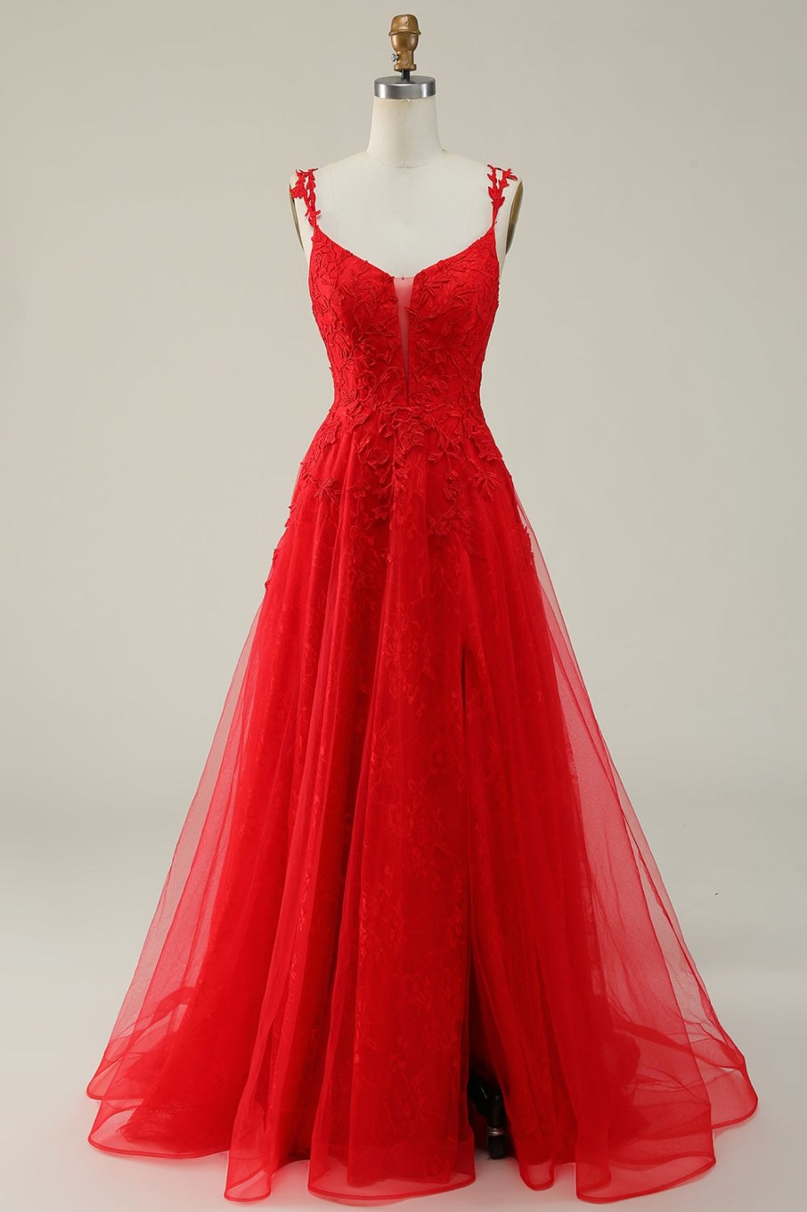 Prom Dresses HELLYMOON | A Line Tulle Appliques Prom Dress With Slit Red