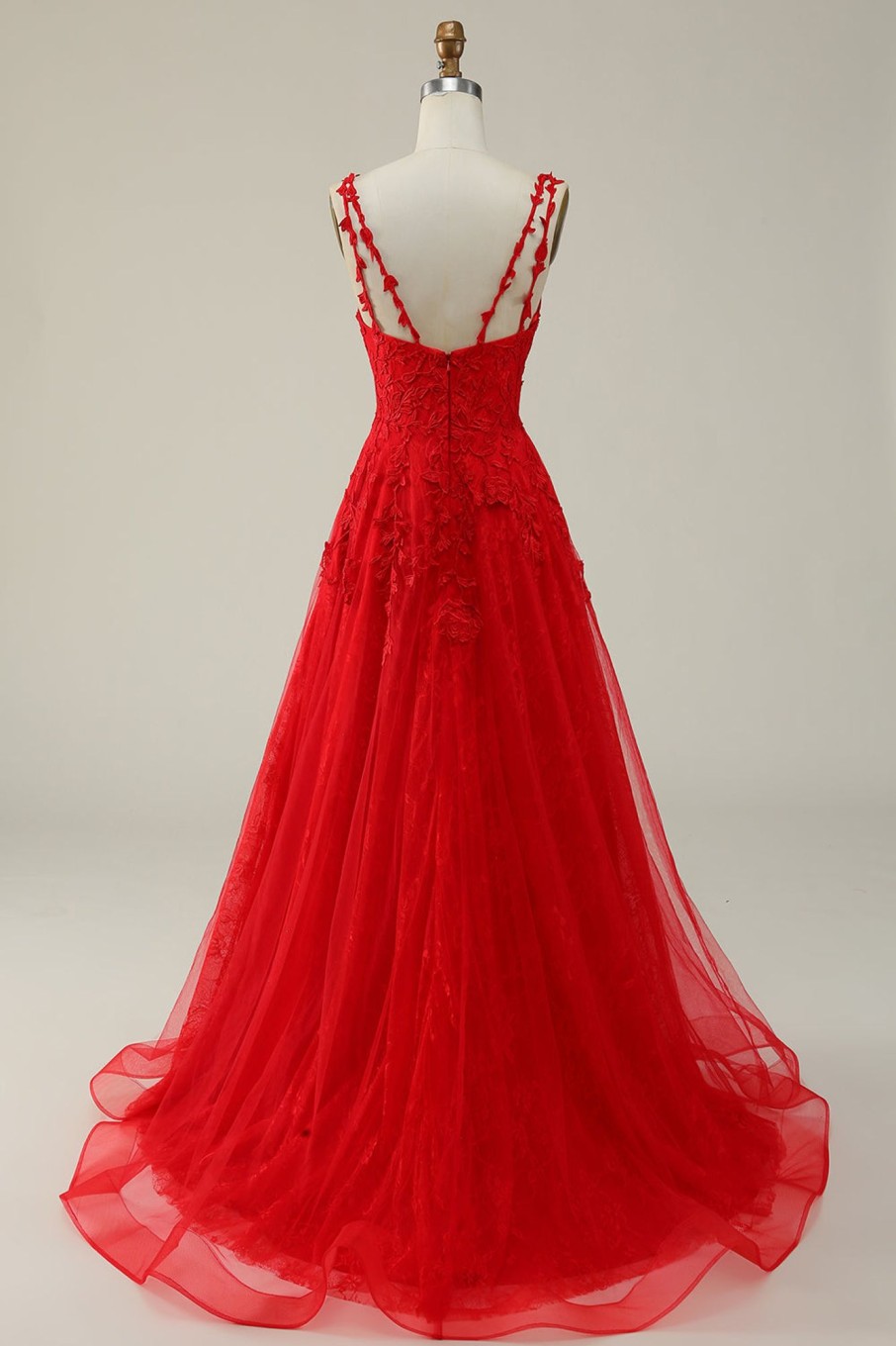 Prom Dresses HELLYMOON | A Line Tulle Appliques Prom Dress With Slit Red