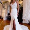 Wedding Dresses HELLYMOON | V-Neck Sheath Long Lace Wedding Dress With Slit White